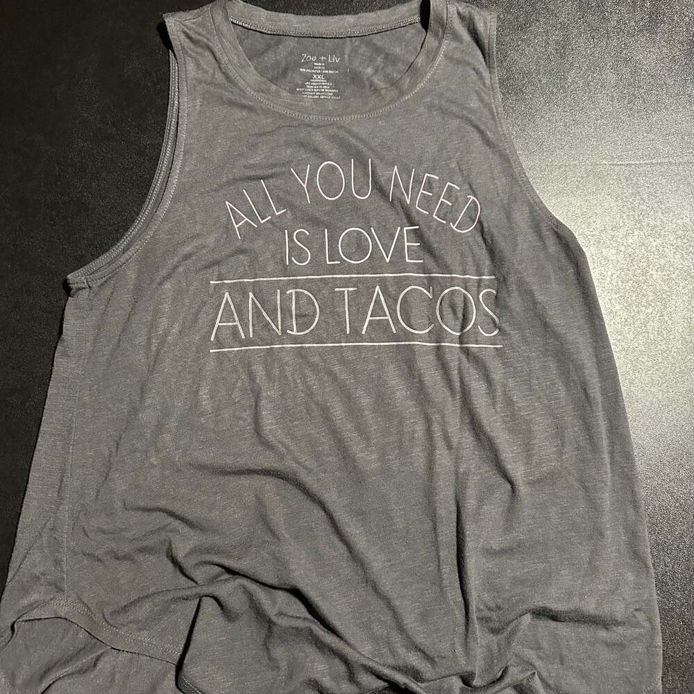 Zoe + Liv "All You Need Is Love And Tacos" Muscle Tank Top women’s